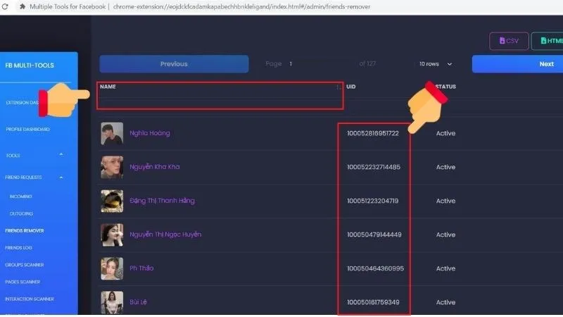 Danh sách ID Facebook của bạn bè hiển thị trong công cụ