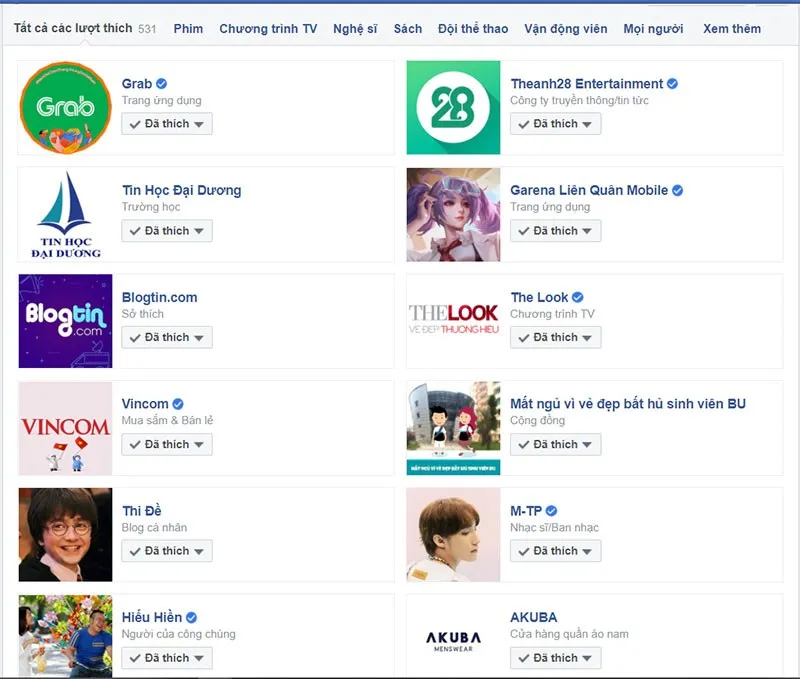 Danh sách trang đã thích trên PC sẽ hiện ra ngay lập tức