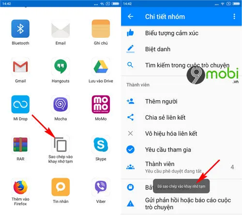 Danh sách tùy chọn chia sẻ trên Android, chọn Sao chép vào bộ nhớ tạm