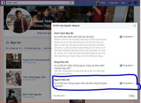Đặt quyền riêng tư của danh sách bạn bè sang Công Khai (Public) để kiểm tra xung đột
