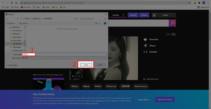 Đặt tên ảnh Gif, đảm bảo đuôi tệp .gif và nhấn chọn Save