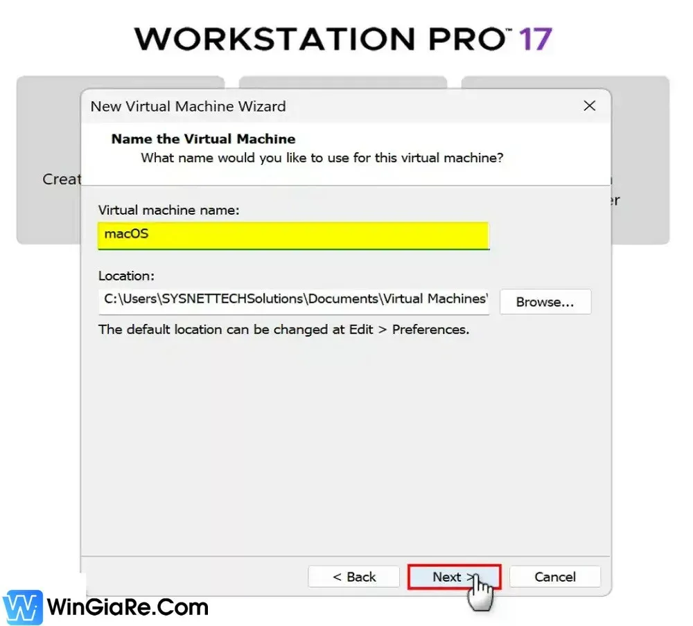 Đặt tên và chọn vị trí lưu trữ cho máy ảo macOS trên Windows