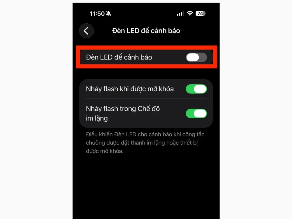 Để tắt tính năng, gạt công tắc Đèn LED để cảnh báo sang trái