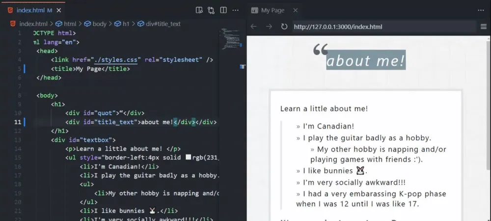 Demo tính năng tự động làm mới trực tiếp (Live Refreshing) khi thay đổi mã HTML, CSS trong VS Code.