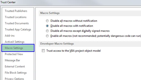 Dialog box in Trust Center illustrating the four main macro settings