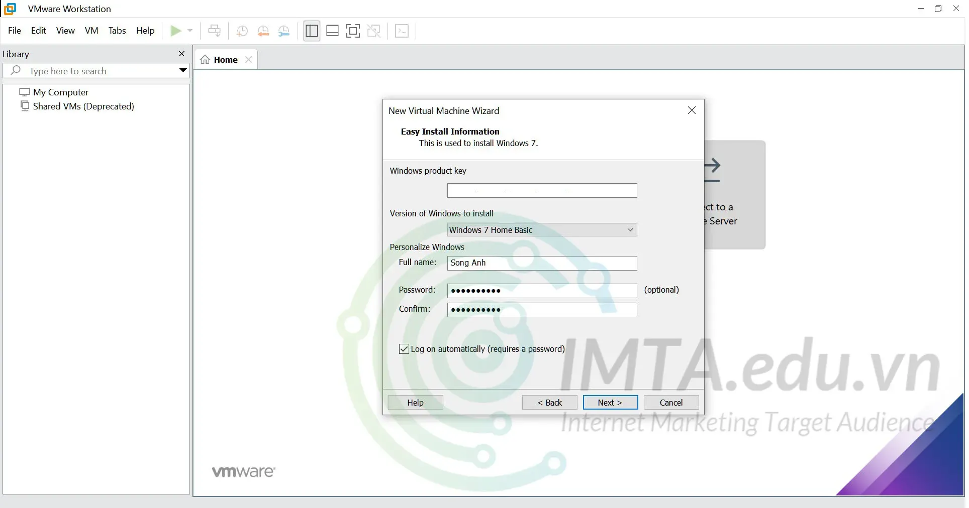 Điền các thông tin để cài đặt Windows 7
