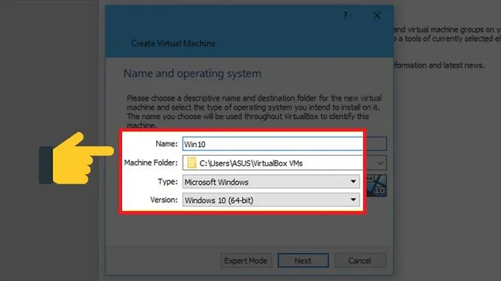Điền tên, chọn thư mục lưu trữ, loại hệ điều hành (Microsoft Windows) và phiên bản (64-bit hoặc 32-bit)