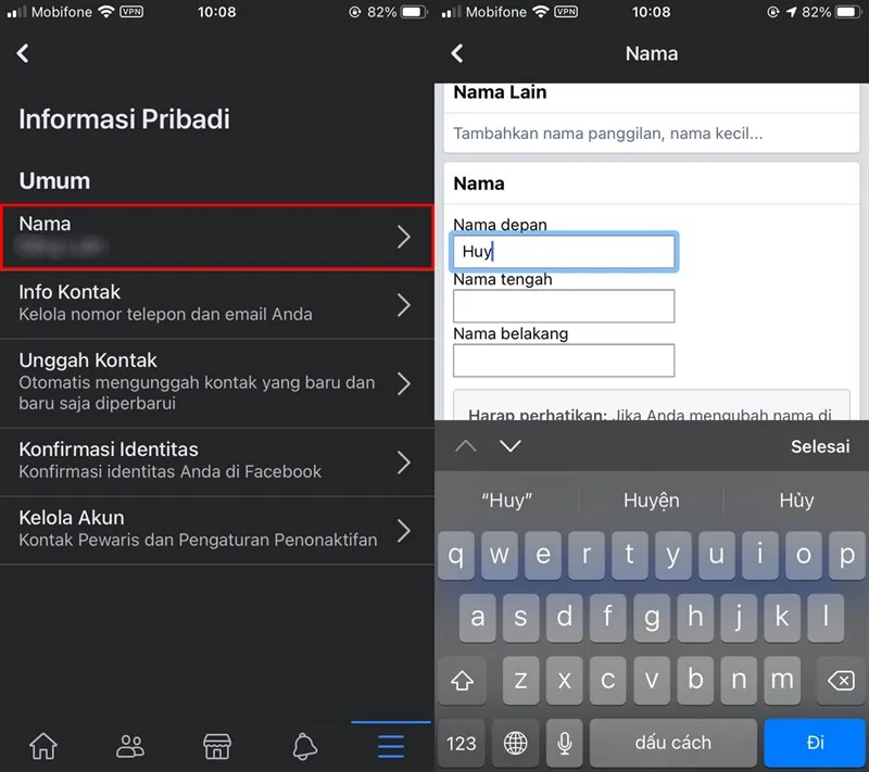 Điền tên một chữ vào Nama depan và nhập mật khẩu để xác nhận