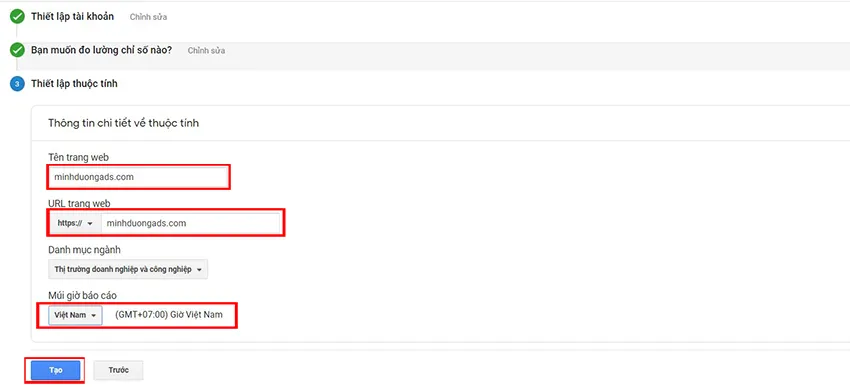 Điền thông tin chi tiết về trang web để thiết lập Google Analytics