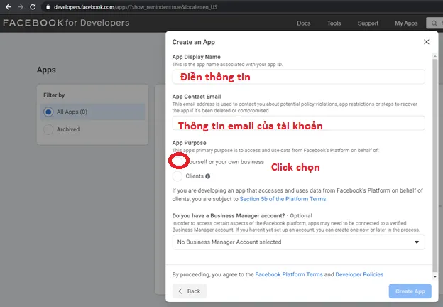 Điền thông tin cơ bản cho ứng dụng Facebook mới tạo