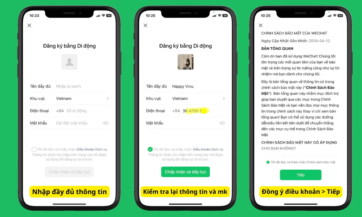 Điền thông tin hồ sơ và thiết lập mật khẩu mạnh khi đăng ký WeChat trên Samsung
