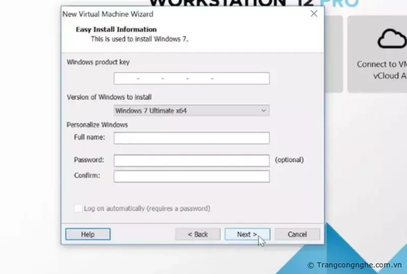Điền thông tin người dùng và chọn phiên bản Windows 7 cho máy ảo
