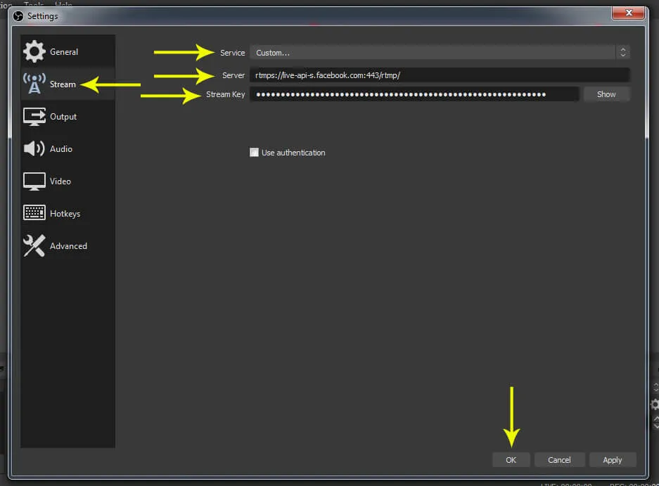 Điền thông tin Server và Stream Key vào mục Stream trong OBS