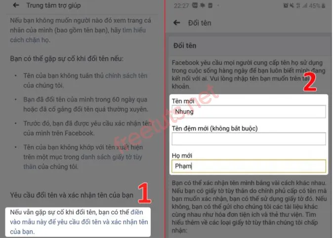 Điền vào mẫu yêu cầu đổi tên và xác nhận tên