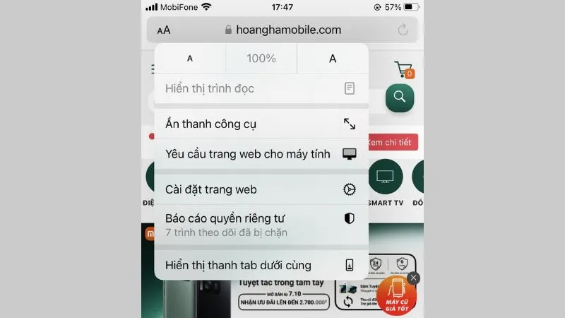 Điều chỉnh cỡ chữ trong trình duyệt Safari bằng biểu tượng Aa