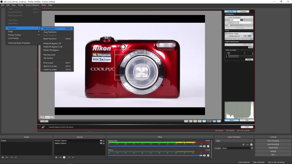 Điều chỉnh kích thước cửa sổ EOS Remote Live View trong OBS