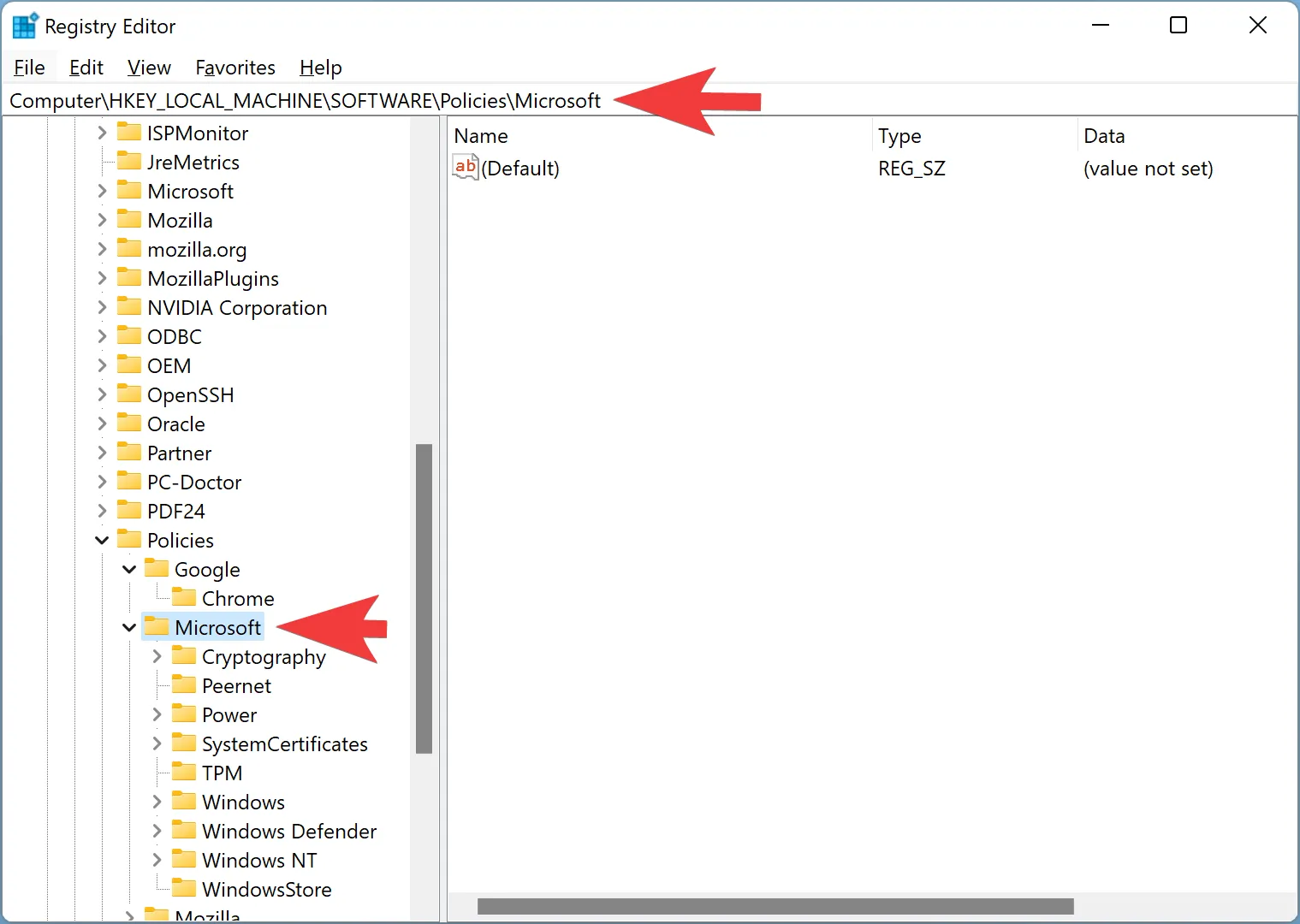 Điều hướng đến khóa Microsoft trong Registry Editor để cấu hình Edge