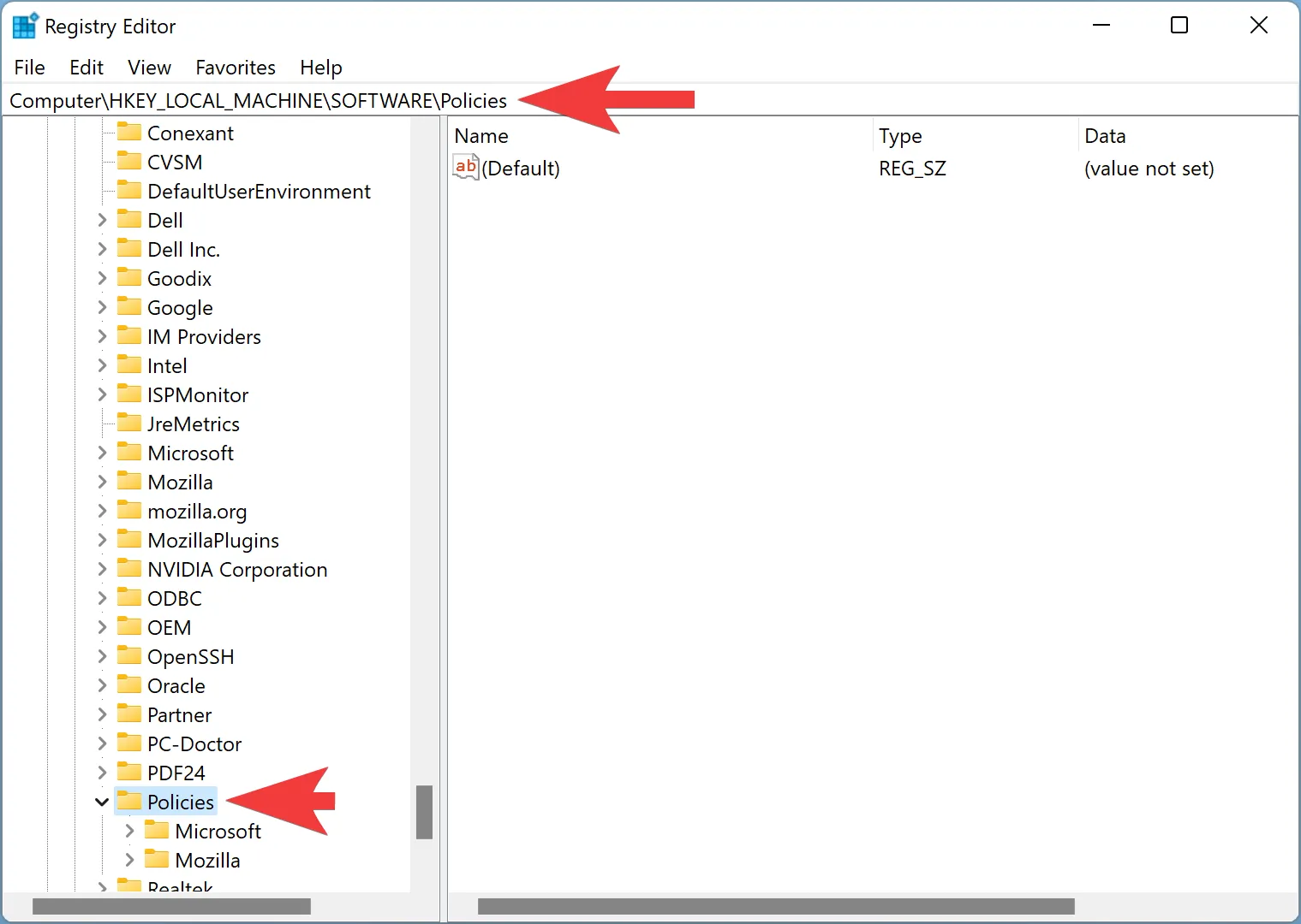 Điều hướng đến khóa Policies trong Registry Editor