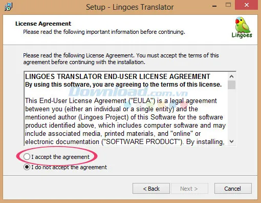 Đọc và chấp nhận điều khoản sử dụng bằng cách nhấp vào I accept the agreement