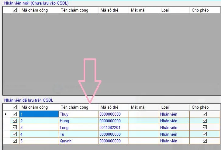 Dữ liệu nhân viên đã được chuyển xuống tab dưới trong phần mềm Wise Eye