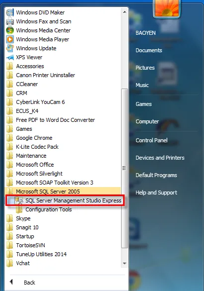 Đường dẫn để chạy SQL Server Management Studio Express sau khi cài đặt SQL Server 2005
