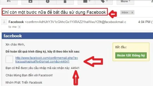 Email xác nhận và nút Hoàn tất đăng ký để kích hoạt tài khoản Facebook