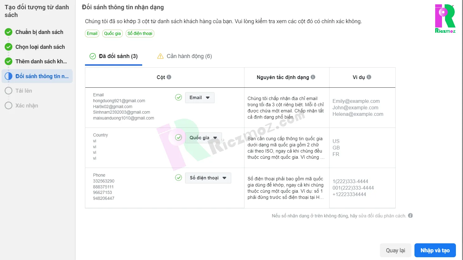 Facebook ước tính kích thước tệp số điện thoại khách hàng sau khi upload