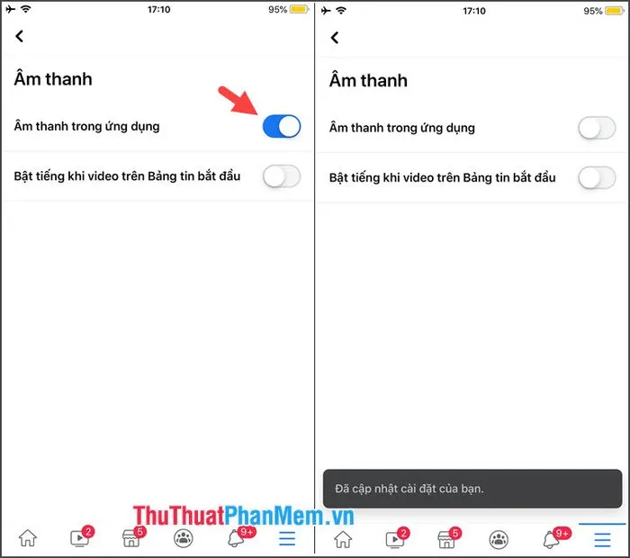 Gạt công tắc Âm thanh trong ứng dụng sang Tắt để vô hiệu hóa thông báo