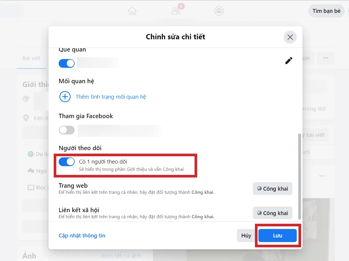 Gạt ngang mục Người theo dõi và chọn Lưu để cài hiển thị người theo dõi trên Facebook