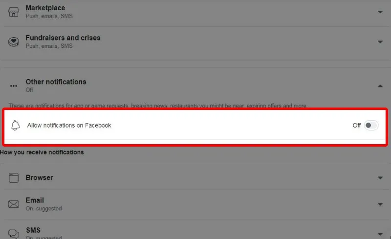 Gạt nút tròn để tắt thông báo lời mời game trên Facebook