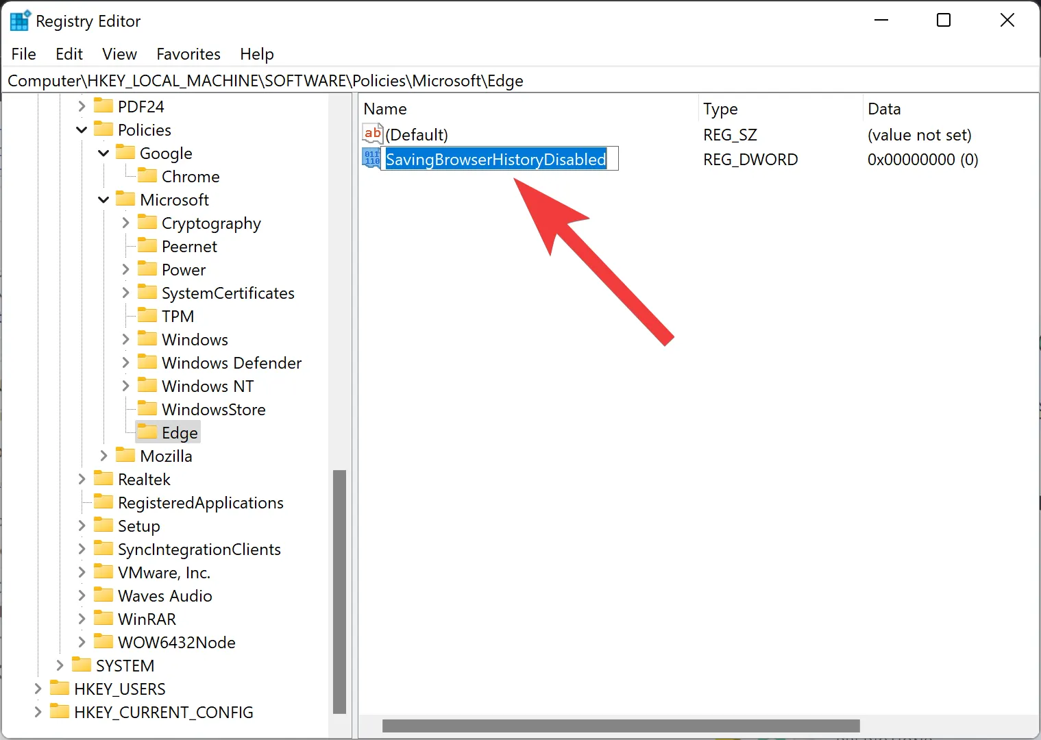 Giá trị SavingBrowserHistoryDisabled đã được đặt tên trong Edge