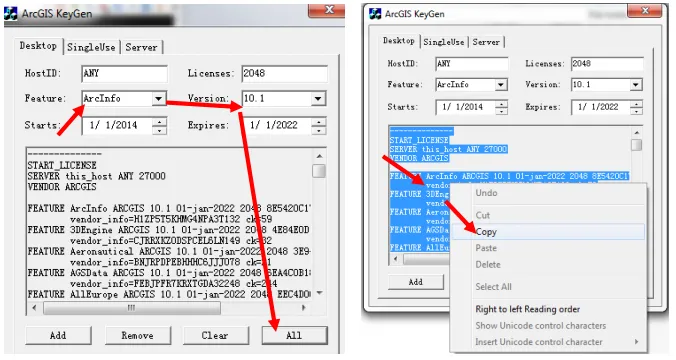 Giao diện ArcGIS KeyGen 10.1, chọn ArcInfo và All để tạo mã cấp phép