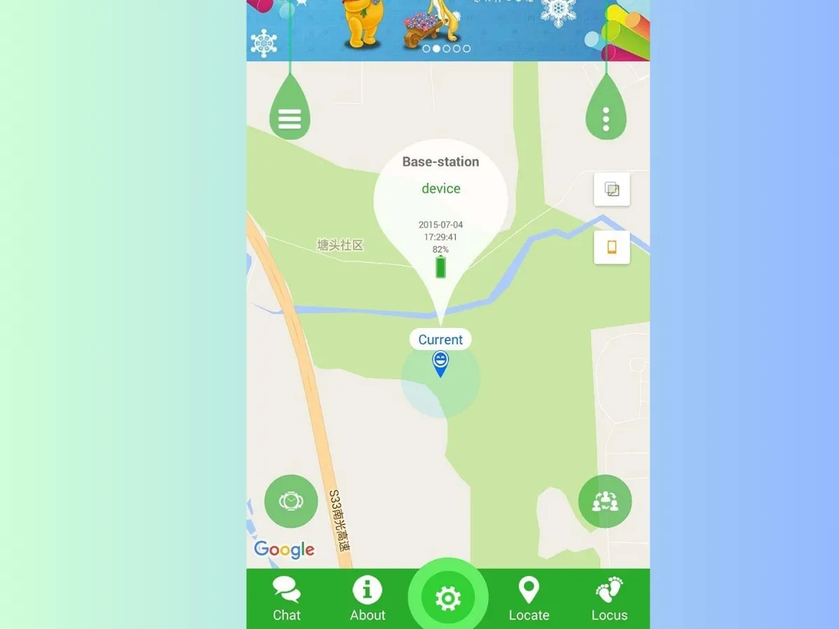 Giao diện bản đồ hiển thị vị trí định vị trẻ em, thể hiện khả năng theo dõi của đồng hồ thông minh