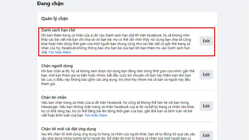 Giao diện các tùy chọn chặn trên Facebook máy tính