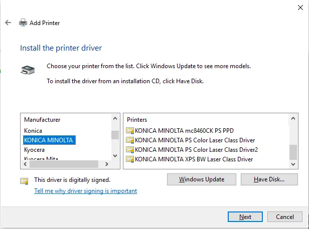 Giao diện cài đặt driver máy in trên hệ điều hành Windows