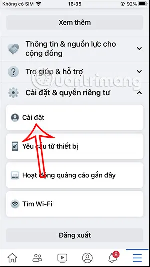 Giao diện Cài đặt Facebook để truy cập Trung tâm tài khoản