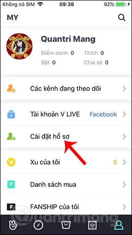 Giao diện Cài đặt Hồ sơ tài khoản V LIVE, nơi người dùng tùy chỉnh thông tin trước khi thực hiện các tác vụ tải video
