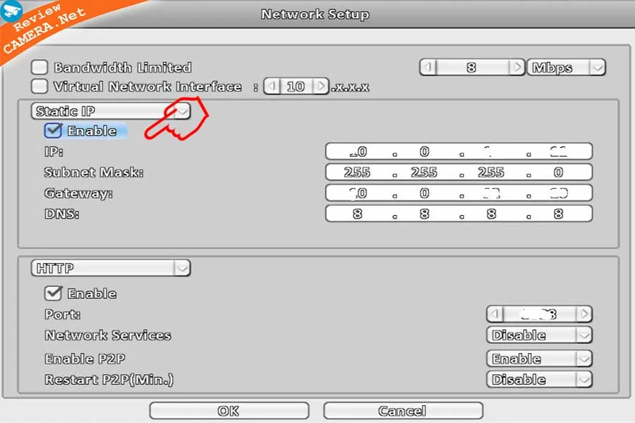Giao diện cài đặt IP tĩnh và cấu hình mạng cho đầu ghi Vantech