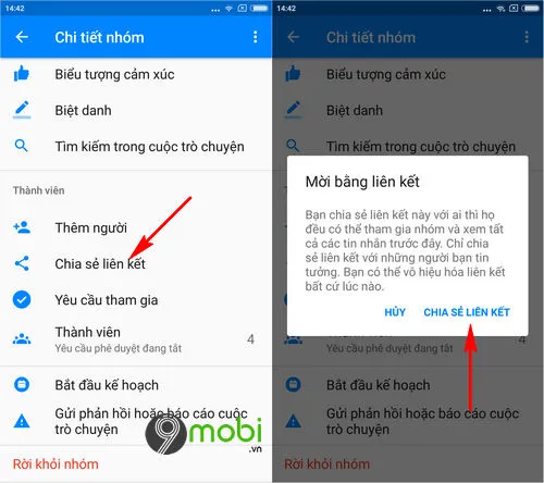 Giao diện cài đặt nhóm chat Messenger hiển thị tùy chọn Chia sẻ liên kết