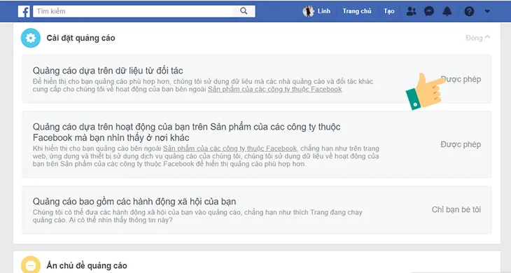 Giao diện Cài đặt quảng cáo trong phần Thông tin của bạn