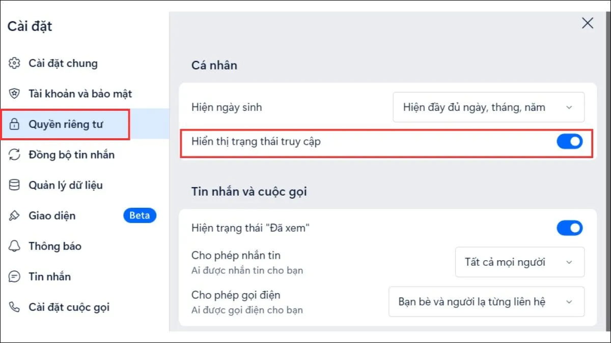 Giao diện cài đặt quyền riêng tư trên Zalo PC, hiển thị tùy chọn ẩn trạng thái truy cập