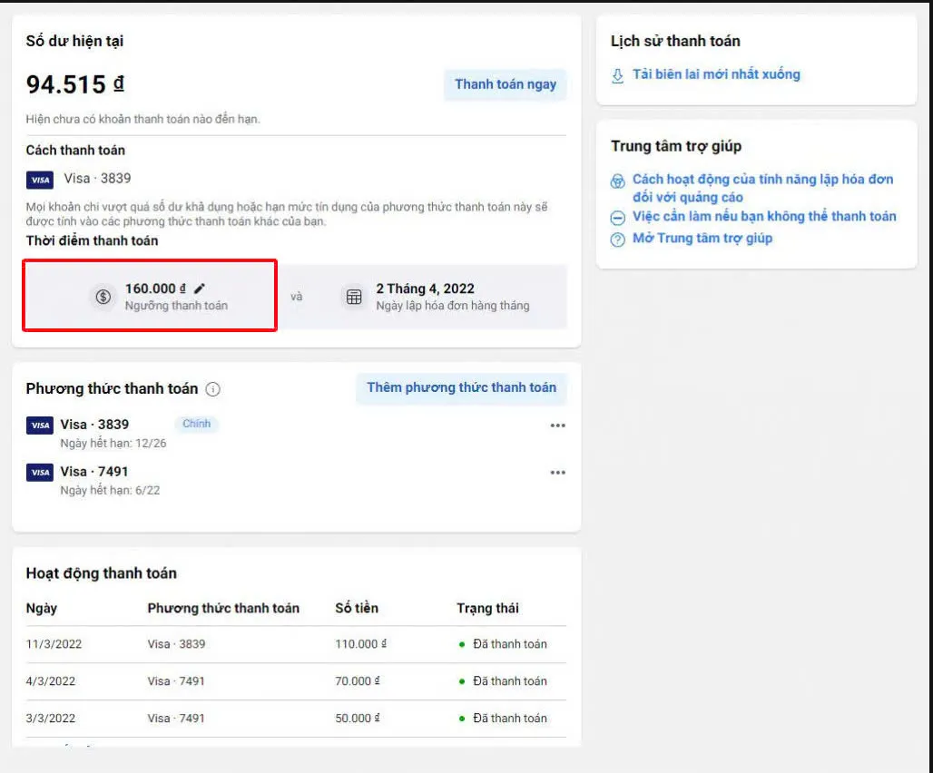 Giao diện cài đặt thanh toán và ngưỡng thanh toán trong Trình quản lý quảng cáo Facebook