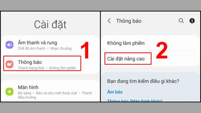 Giao diện Cài đặt trên Samsung và mũi tên chỉ vào mục Thông báo
