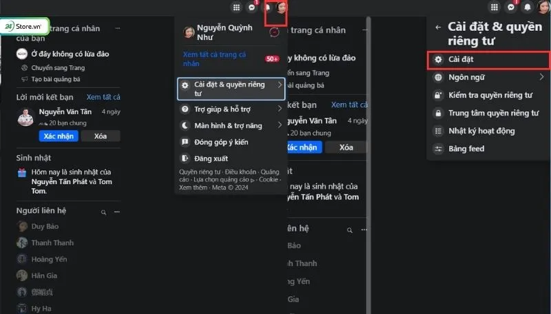 Giao diện Cài đặt và Quyền riêng tư trên máy tính