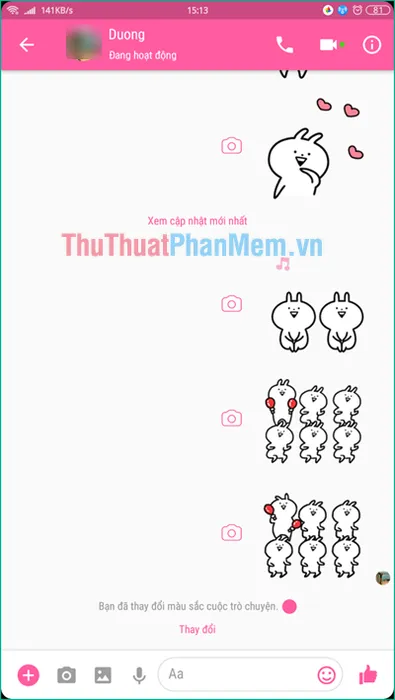 Giao diện chat Messenger trên điện thoại đã được thay đổi màu sắc sau khi tùy chỉnh