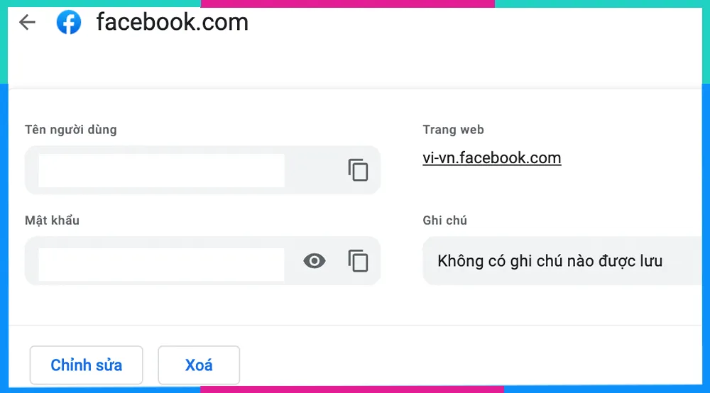 Giao diện chi tiết để xem hoặc xóa mật khẩu Facebook đã lưu