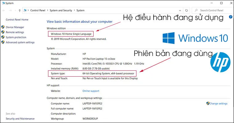 Giao diện chi tiết thông số hệ điều hành Windows