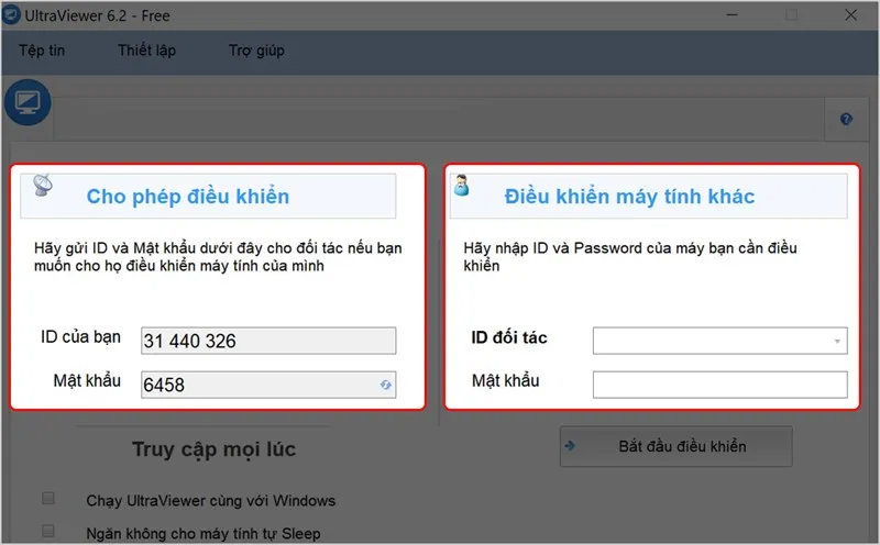 Giao diện chính của Ultraviewer được chia thành hai phần, phân biệt rõ vai trò điều khiển