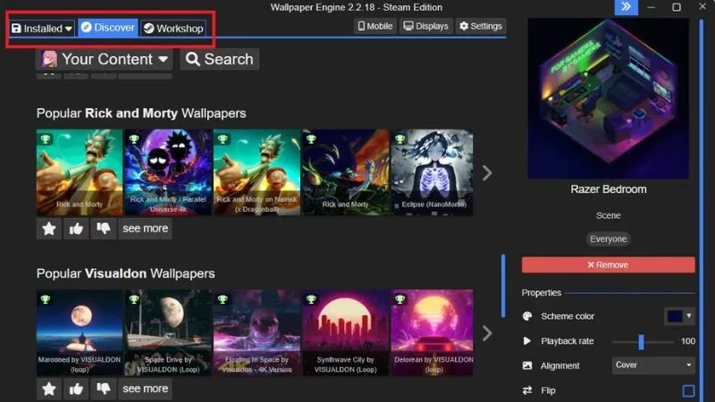 Giao diện chính của Wallpaper Engine với 3 tùy chọn khám phá hình nền: Installed, Discover và Workshop