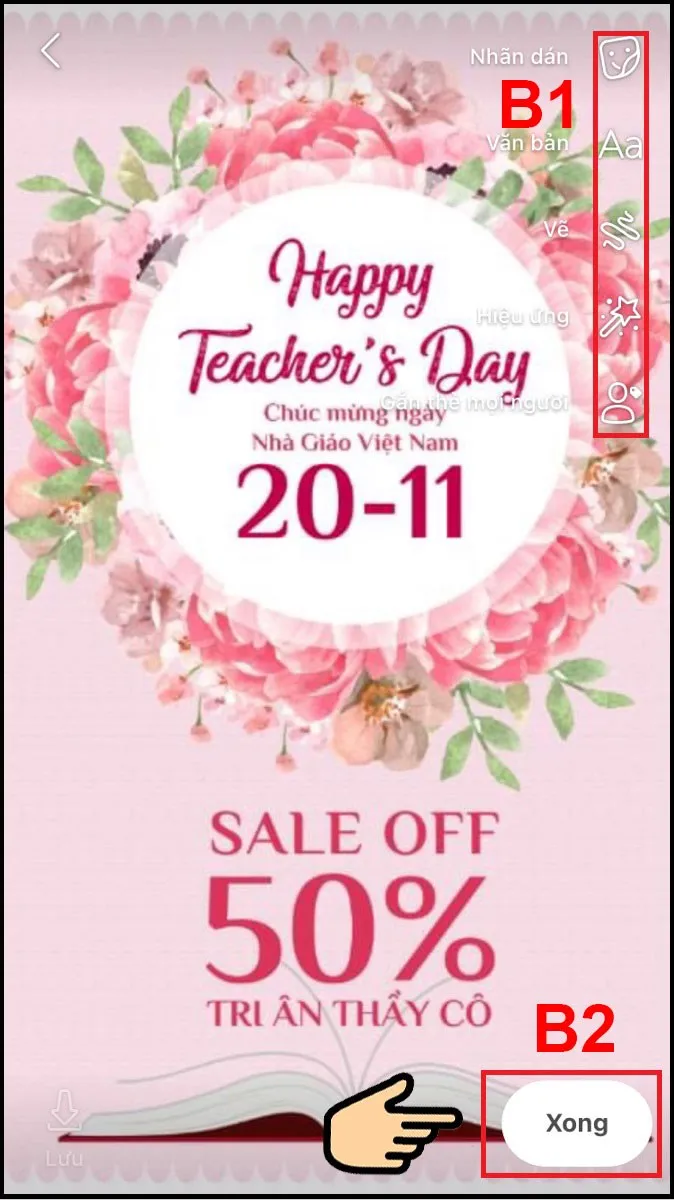 Giao diện Chỉnh sửa cho phép thêm nhãn dán, chữ, hiệu ứng cho từng ảnh